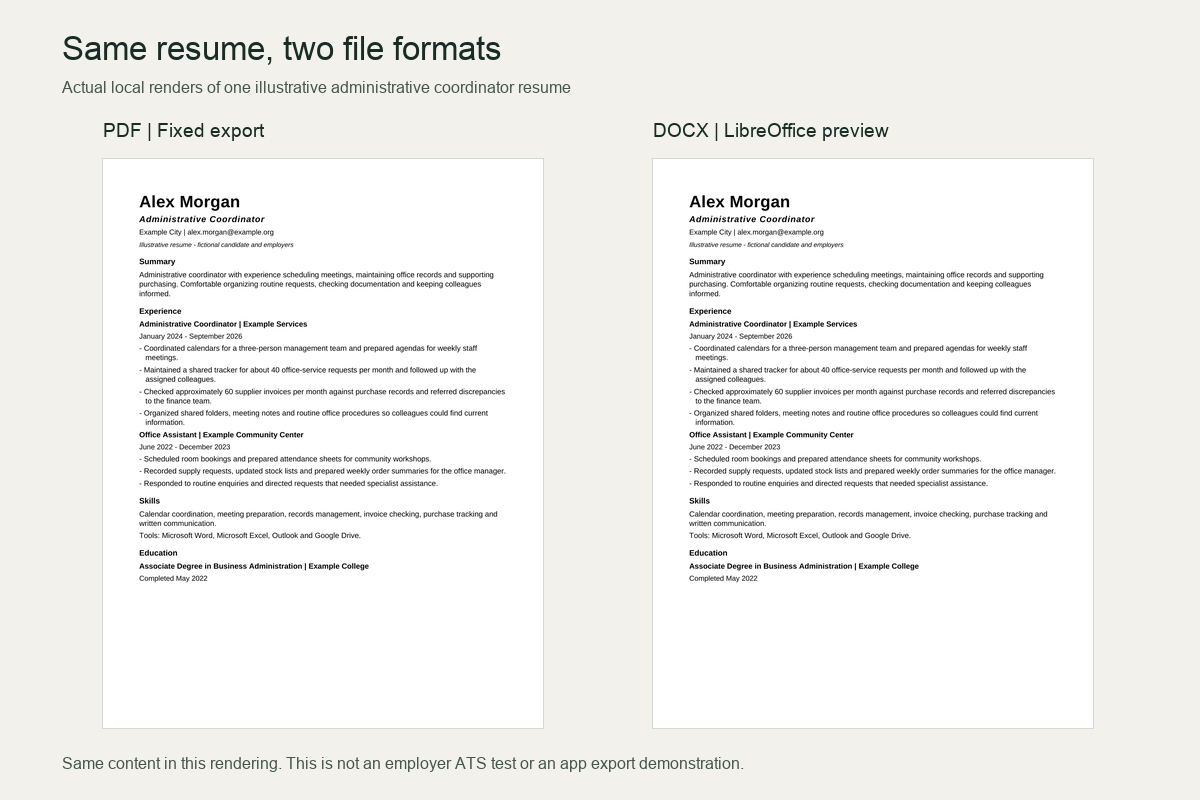 Side-by-side local renderings of the constructed resume-format demonstration PDF and DOCX