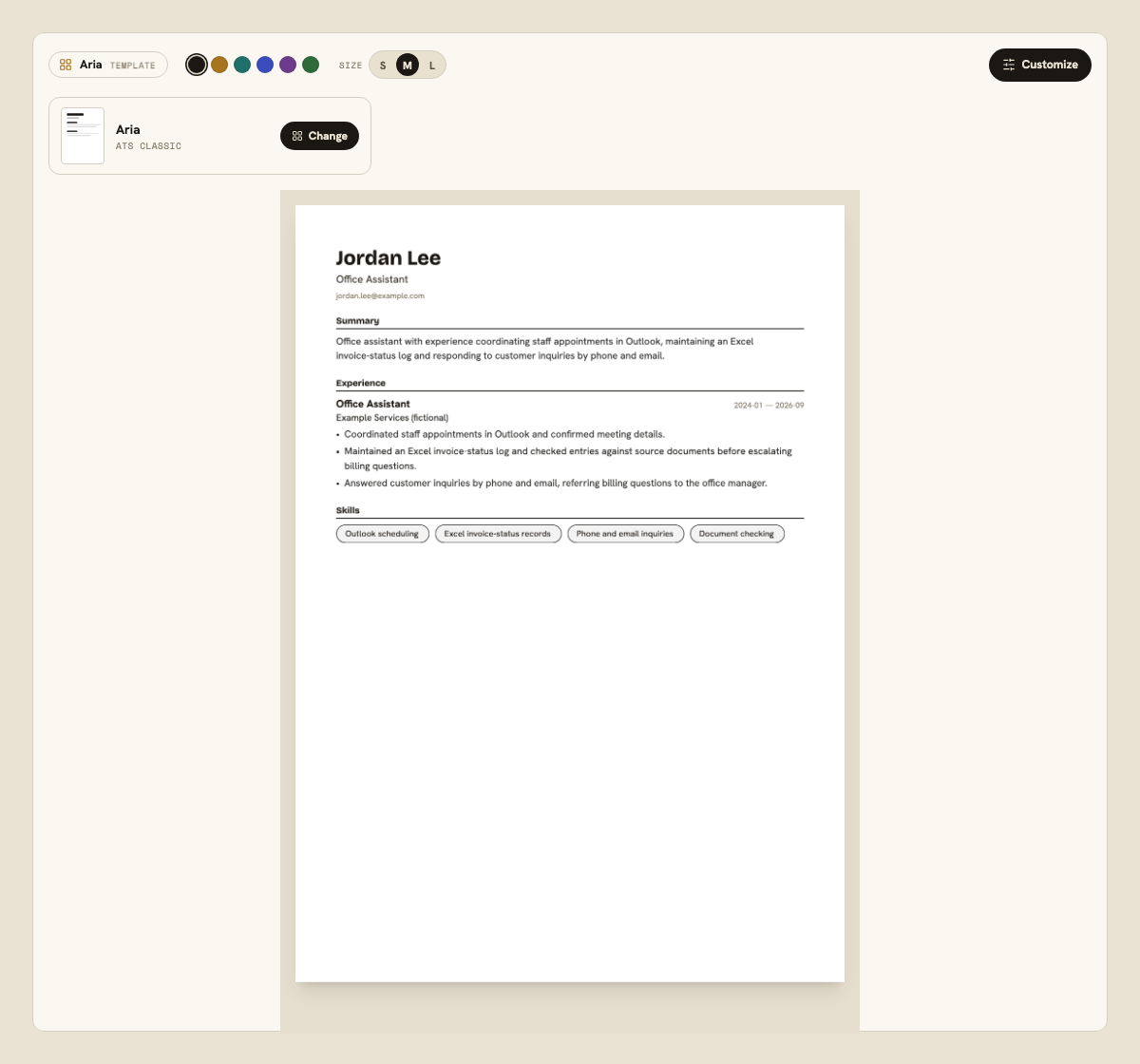 Current Resume Leap design controls and résumé PDF preview showing fictional office-assistant experience with Outlook scheduling, an Excel invoice log and customer inquiries.